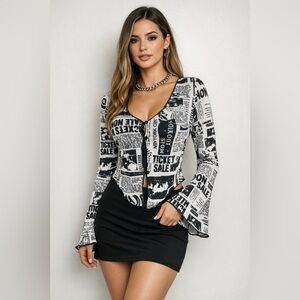 Y2K Garage Black and White Newspaper Print Long bell Sleeve Top